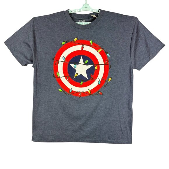Marvel Men's Captain America Shield Christmas Lights Blue T-Shirt 2XL NWT - Picture 1 of 7